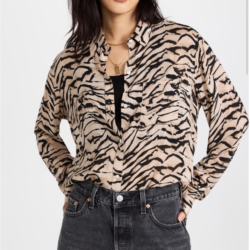 Rails Beige and Black Tiger-Print Button-Up Blouse